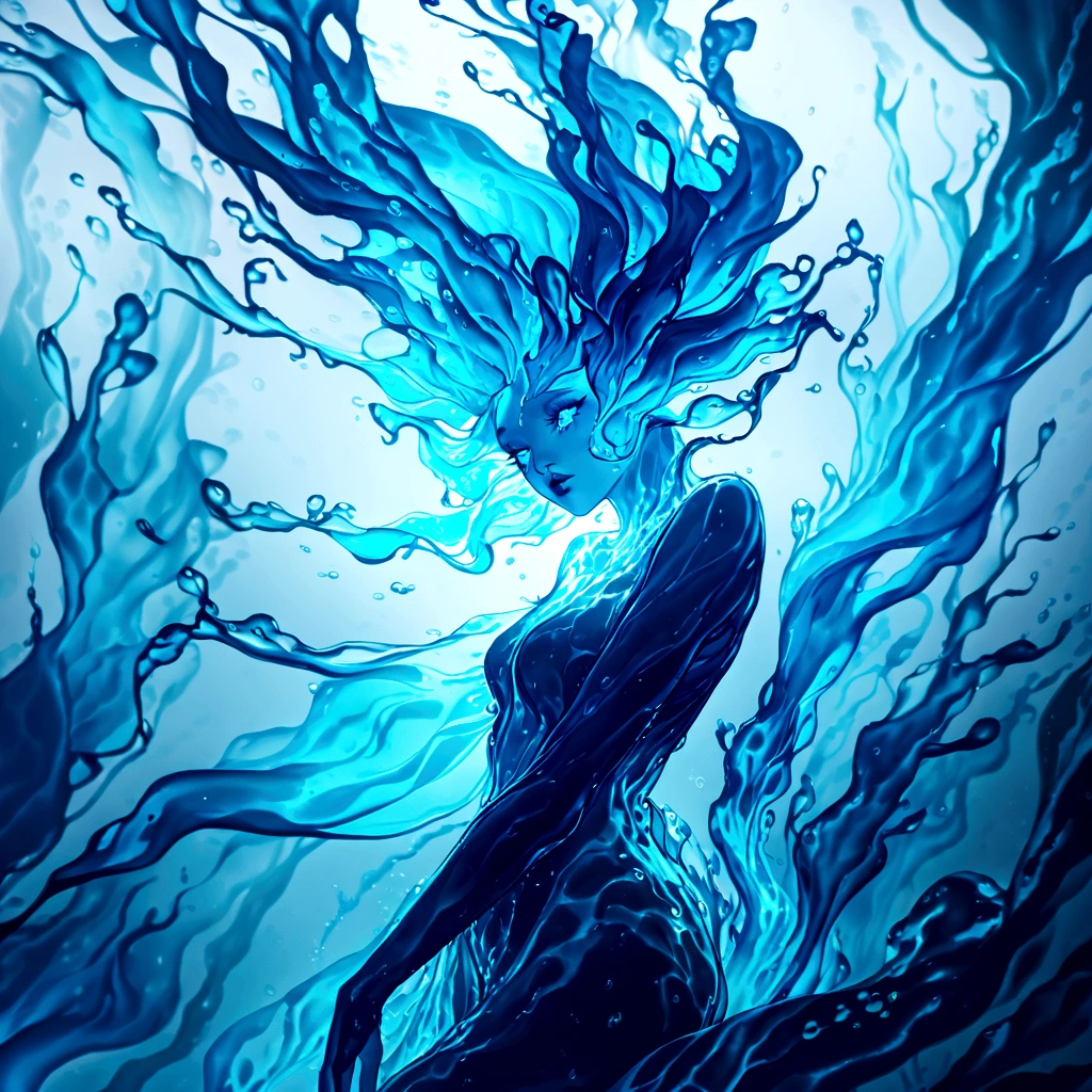 a genasi made of water, woman with water-like skin and flowing blue hair, beautiful detailed eyes, beautiful detailed lips, extremely detailed face, long eyelashes, graceful pose, underwater scene, glowing bioluminescent plants, ethereal lighting, cinematic, dramatic, vibrant colors, fantasy, digital painting, 8k, hyper detailed, masterpiece