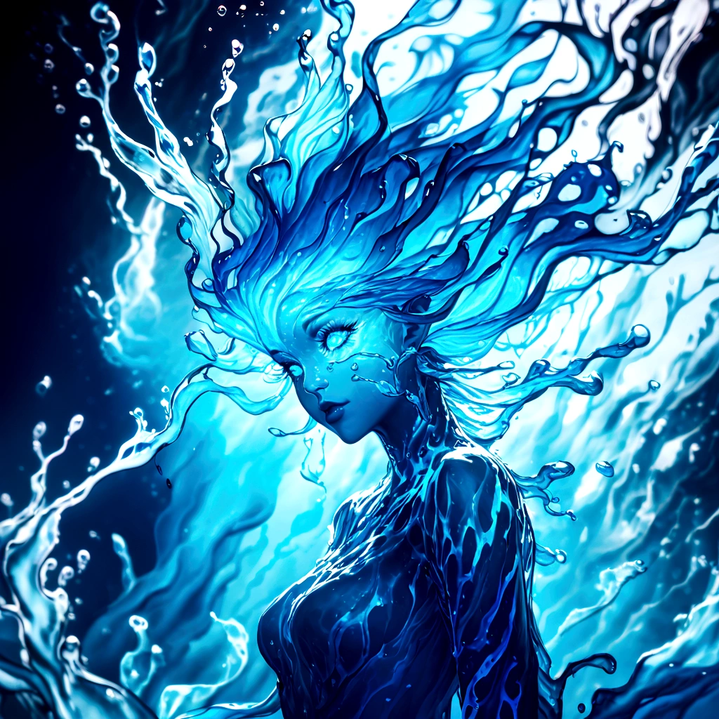 a genasi made of water, woman with water-like skin and flowing blue hair, beautiful detailed eyes, beautiful detailed lips, extremely detailed face, long eyelashes, graceful pose, underwater scene, glowing bioluminescent plants, ethereal lighting, cinematic, dramatic, vibrant colors, fantasy, digital painting, 8k, hyper detailed, masterpiece