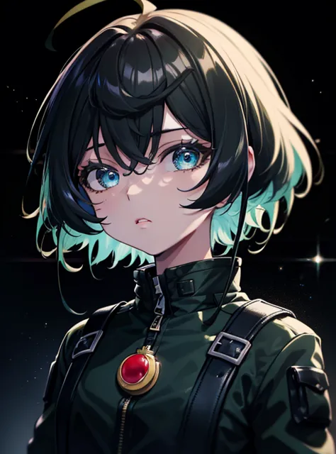(Masterpiece, Best quality, ultra high resolution),1girl,short hair,black hair,jacket,(multicolor jacket green and black),lookin...