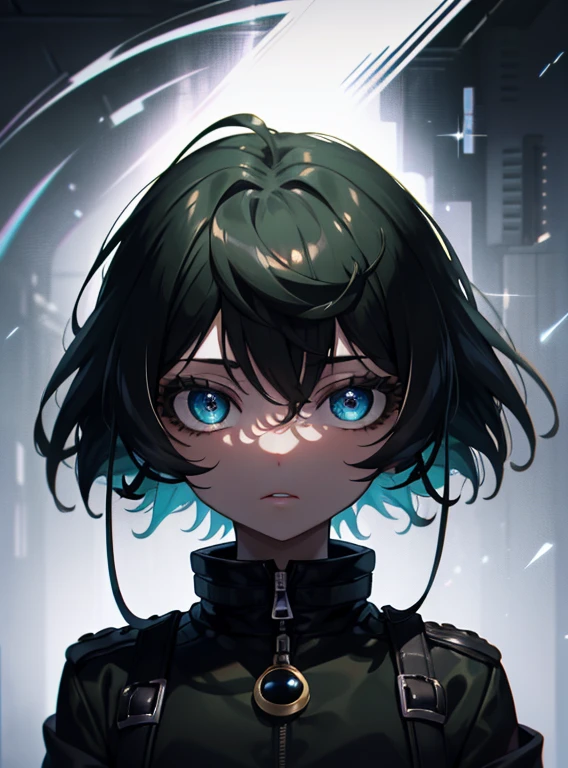 (Masterpiece, Best quality, ultra high resolution),1girl,short hair,black hair,jacket,(multicolor jacket green and black),looking at the viewer,focus on the girl,cloudy sky,beautiful and detailed face, detailed eyes,grey and black theme