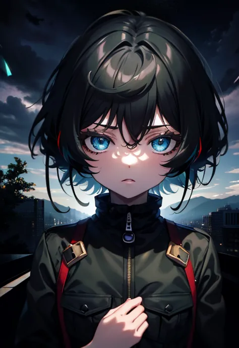 (Masterpiece, Best quality, ultra high resolution),1girl,short hair,black hair,jacket,(multicolor jacket green and black),lookin...