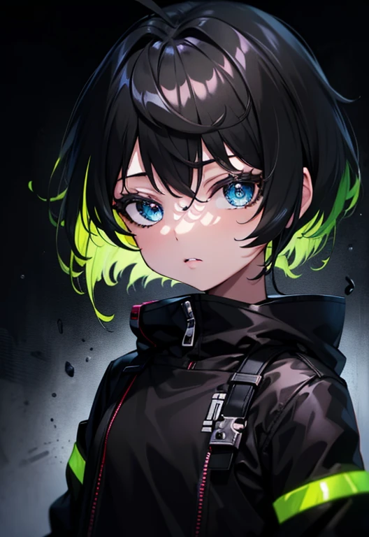 (Masterpiece, Best quality, ultra high resolution),1girl,short hair,black hair,jacket,(multicolor jacket green and black),looking at the viewer,focus on the girl,cloudy sky,beautiful and detailed face, detailed eyes,grey and black theme