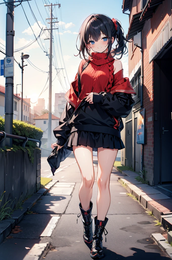 Rikka body, Affluent backstreets, Black Hair, blue eyes, Long Hair, rist scrunchie,happy smile, smile, Open your mouth,blush,Oversized red one-shoulder sweater,mini skirt,short boots,Walking,So that the whole body goes into the illustration,morning,morning陽,The sun is rising,
Destroy outdoors, Building district,
壊す looking at viewer, Systemic
break (masterpiece:1.2), Highest quality, High resolution, unity 8k wallpaper, (figure:0.8), (Beautiful attention to detail:1.6), Highly detailed face, Perfect lighting, Highly detailed CG, (Perfect hands, Perfect Anatomy),