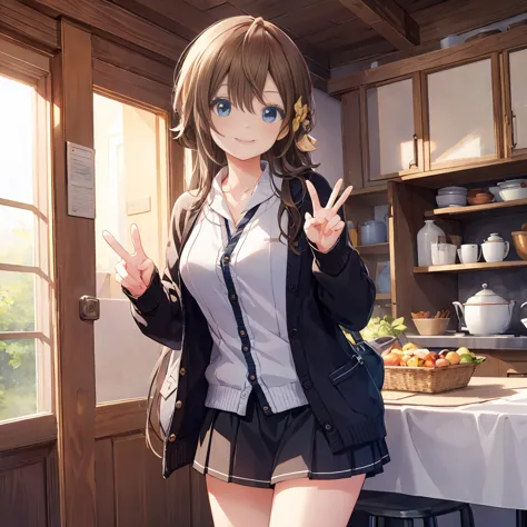 smile,best smile,double peace,cardigan,miniskirt,masterpiece,best quality,ultra detailed,high resolution,extremely detailed cg, ...