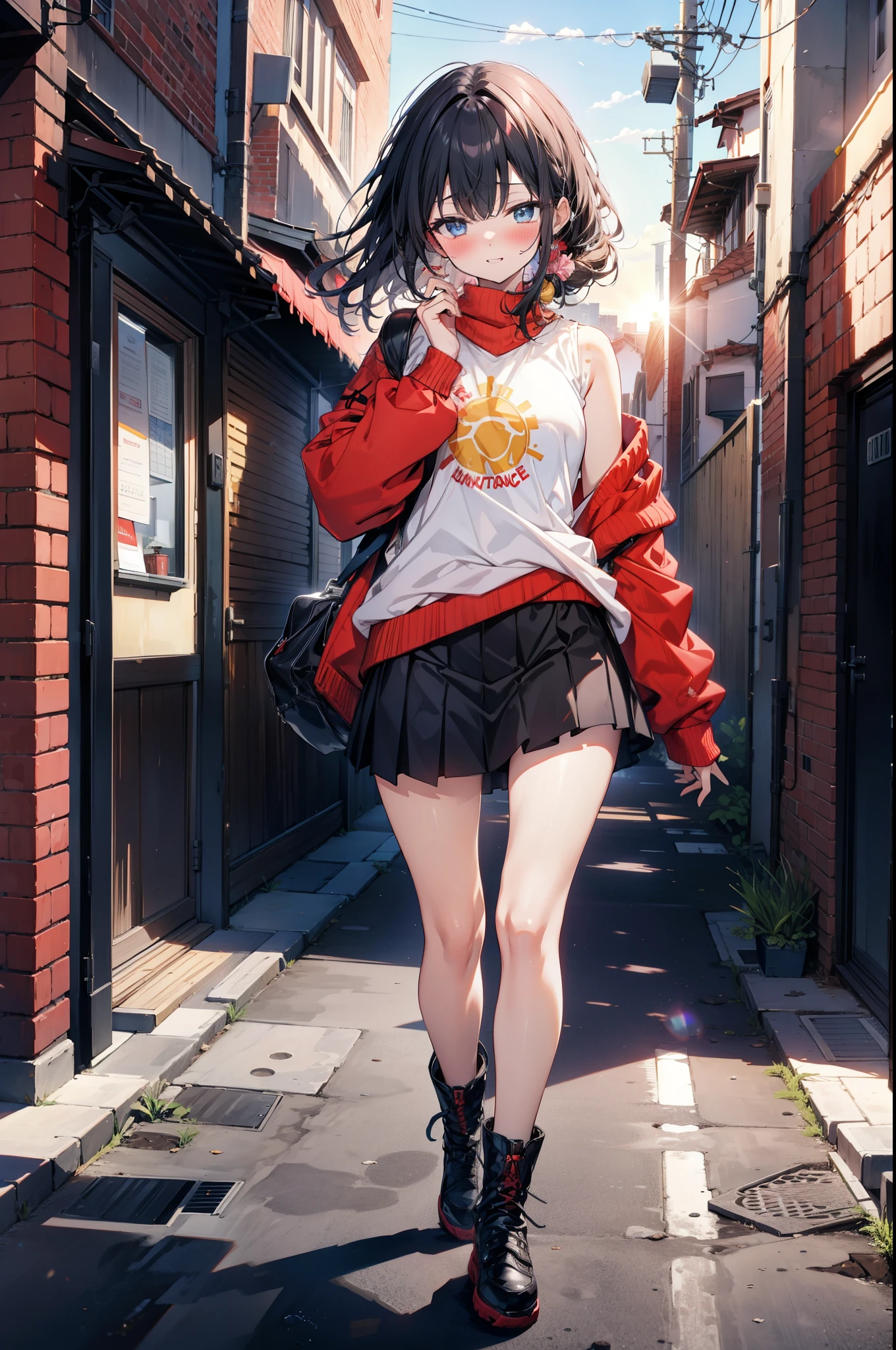 Rikka body, Affluent backstreets, Black Hair, blue eyes, Long Hair, rist scrunchie,happy smile, smile, Open your mouth,blush,Oversized red one-shoulder sweater,mini skirt,short boots,Walking,So that the whole body goes into the illustration,morning,morning陽,The sun is rising,
Destroy outdoors, Building district,
壊す looking at viewer, Systemic
break (masterpiece:1.2), Highest quality, High resolution, unity 8k wallpaper, (figure:0.8), (Beautiful attention to detail:1.6), Highly detailed face, Perfect lighting, Highly detailed CG, (Perfect hands, Perfect Anatomy),