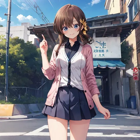 smile,best smile,double peace,cardigan,miniskirt,masterpiece,best quality,ultra detailed,high resolution,extremely detailed cg, ...