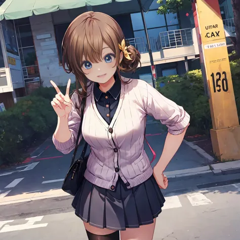 smile,best smile,double peace,cardigan,miniskirt,masterpiece,best quality,ultra detailed,high resolution,extremely detailed cg, ...