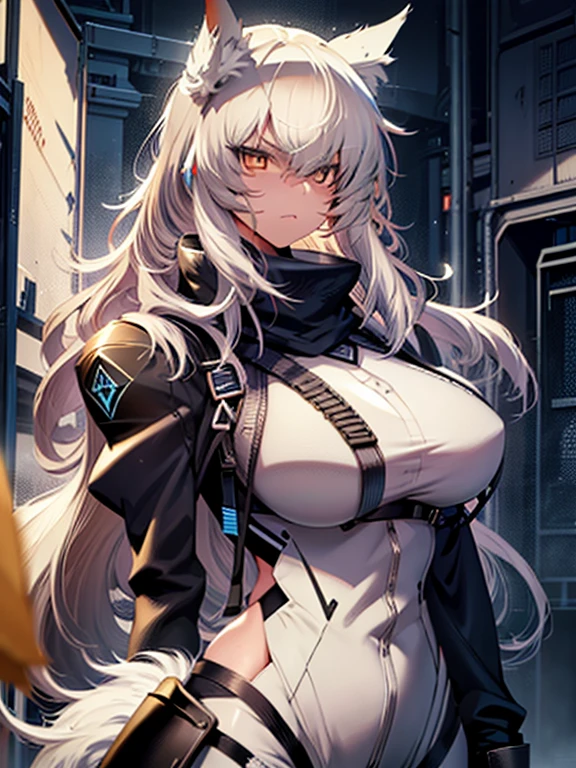 (best quality, masterpiece:1.2), backlit lighting, extremely detailed background,,de pele branca, Massive, muscular girl, Kaiju, aggressive, Proud,long, wavy white hair,Long dark blue coat,very very gigantic boobs,muffler,Wolf Girl,Golden decoration,big tail,trouser,Big animal ears,huge sword,long boots,Warm clothing,Clothes that are large in size,No skin exposure,Fluffy,venusbody,arknights,angry,