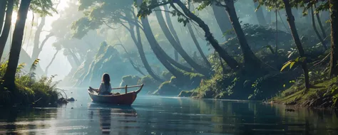 young beautiful girl adventurer，face to screen, on a boat, minimum clothing, river in the fog, mystical forest lagoon, dreamy sc...