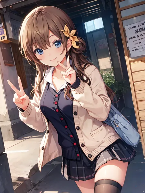 smile,best smile,double peace,cardigan,miniskirt,masterpiece,best quality,ultra detailed,high resolution,extremely detailed cg, ...