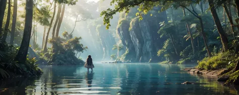 young beautiful girl adventurer，face to screen, on a boat, minimum clothing, mystical forest, clearing in the sun, lagoon, dream...