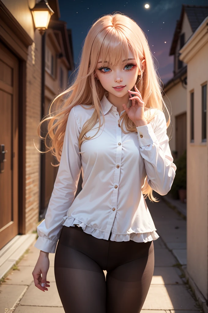 Masterpiece, Best quality,  absurderes, view the viewer, Solo, rita rossweisse (Summer Night's Dream), rita rossweisse, shirt, Pantyhose, Red rose, Blue eyes, Blonde hair, Long sleeves, Moles under eyes, (hair on one eye),  frilly shirt, White shirt,  Seductive smile,  (Ulzzang-6500:0.8), Long hair, day, Outdoor black pantyhose