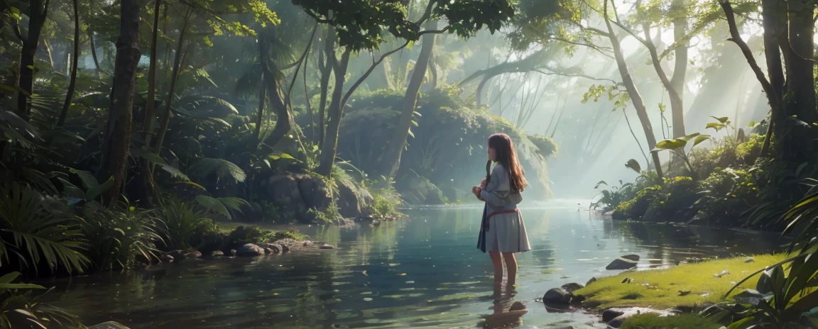 young beautiful girl adventurer，face to screen, minimum clothing, mystical forest, in the clearing, clearing in the sun, lagoon, dreamy scene, National Geographic, in a serene landscape, Mystical scene, Mysterious lake, Beautiful jungle, mystical setting, Beautiful setting, Tranquil environment, early morning light, Awesome atmosphere, Morning River, enchanting and otherworldly, lost in a dreamy fairytale landscape, many colors, colorful birds, jaguar next to a girl
