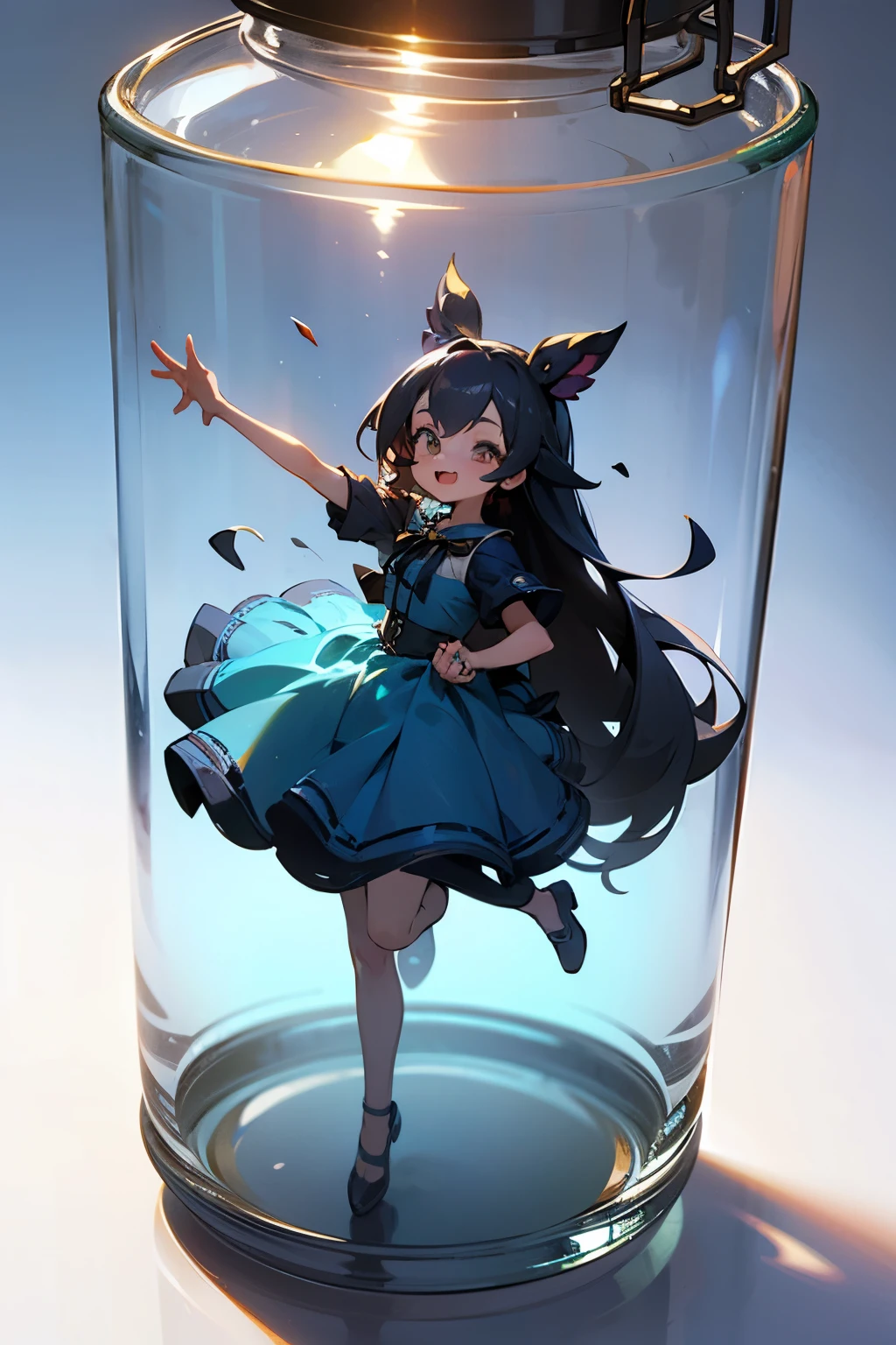 3D-illustration of a very 귀여운 girl figure in a jar, 걸작((~ 해야 하다)), 손바닥 크기, 귀여운, 얼굴이 촘촘하다((~ 해야 하다)), 작은 미니어처