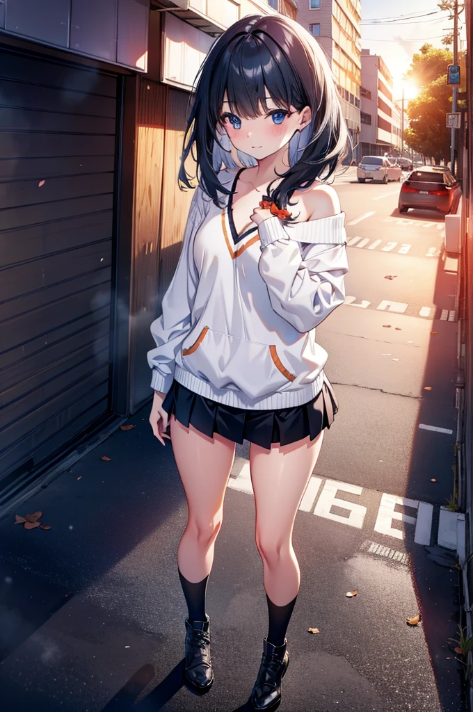 Rikka body, Affluent backstreets, Black Hair, blue eyes, Long Hair, rist scrunchie,happy smile, smile, Open your mouth,blush,Oversized red one-shoulder sweater,mini skirt,short boots,Walking,So that the whole body goes into the illustration,morning,morning陽,The sun is rising,
Destroy outdoors, Building district,
壊す looking at viewer, Systemic
break (masterpiece:1.2), Highest quality, High resolution, unity 8k wallpaper, (figure:0.8), (Beautiful attention to detail:1.6), Highly detailed face, Perfect lighting, Highly detailed CG, (Perfect hands, Perfect Anatomy),