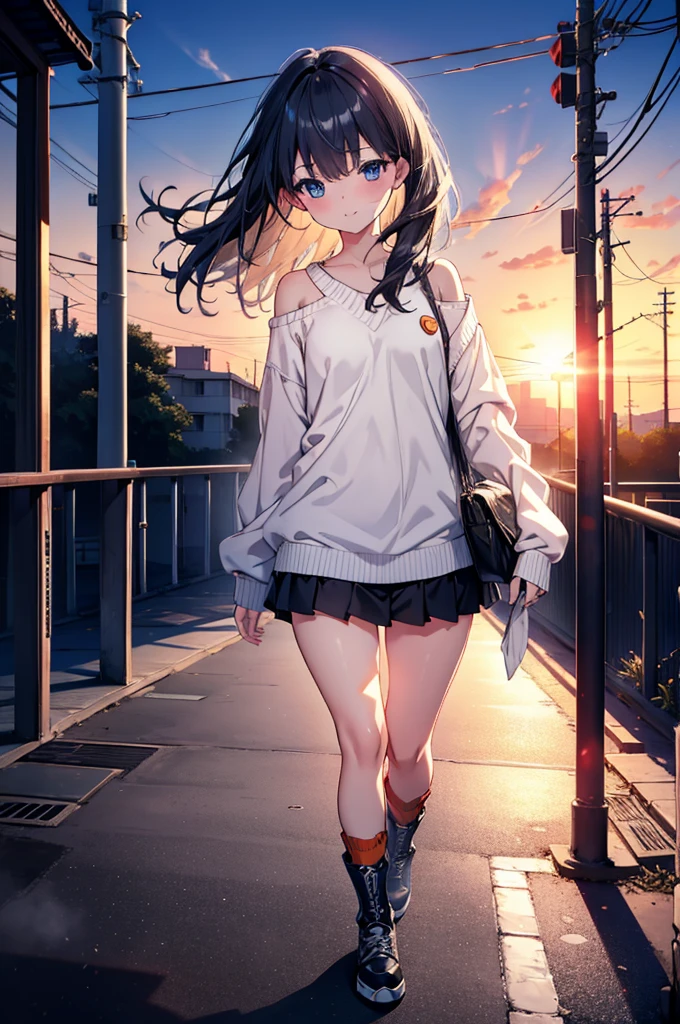 Rikka body, Affluent backstreets, Black Hair, blue eyes, Long Hair, rist scrunchie,happy smile, smile, Open your mouth,blush,Oversized red one-shoulder sweater,mini skirt,short boots,Walking,So that the whole body goes into the illustration,morning,morning陽,The sun is rising,
Destroy outdoors, Building district,
壊す looking at viewer, Systemic
break (masterpiece:1.2), Highest quality, High resolution, unity 8k wallpaper, (figure:0.8), (Beautiful attention to detail:1.6), Highly detailed face, Perfect lighting, Highly detailed CG, (Perfect hands, Perfect Anatomy),