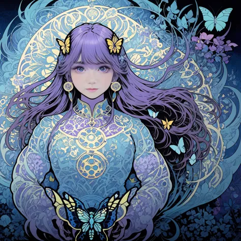 Alphonse Mucha style、Round、No people、background、Butterfly motif、purple、light blue、Baby blue color scheme