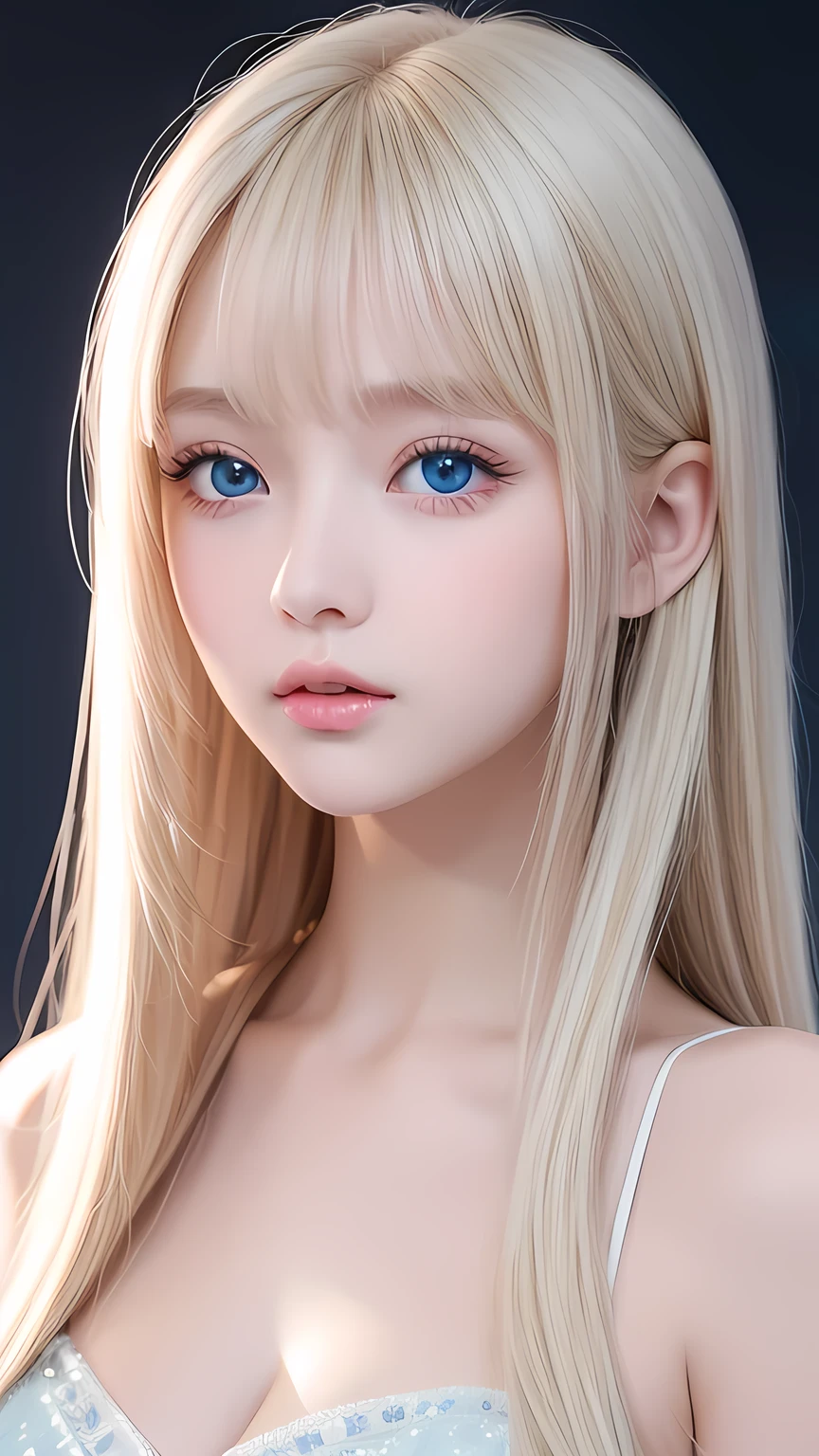 One girl、A beautiful girl、Portrait、、blue sky、Bright and very beautiful face、young, Very white shiny skin、The best beauty、Super long blonde hair with dazzling light reflections、Beautiful natural platinum blonde super long silky straight hair、long bangs between the eyes,、Extraordinarily beautiful 15-year-old、Large, bright, white-blue eyes that sparkle beautifully、Very big eyes、Small Face Girl、round face、