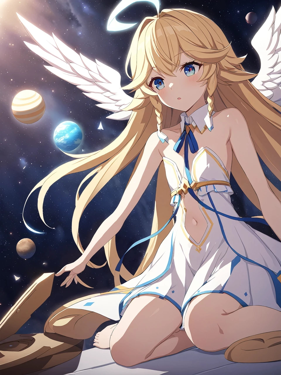 Zaora, blue eyes, (Variegated eyes:0.5), Blonde, Very long hair, Twin Blade, bangs, Ahoge, Hello, Angel, Flat Chest, White Dress, Belly button cutout, Detachable collar, Strapless, Neck ribbon, Bare shoulders, Angel wings, barefoot, One girl, Solo Break Space, planet, Depth of written boundary, Cinematic, masterpiece, Highest quality, Game CG
 