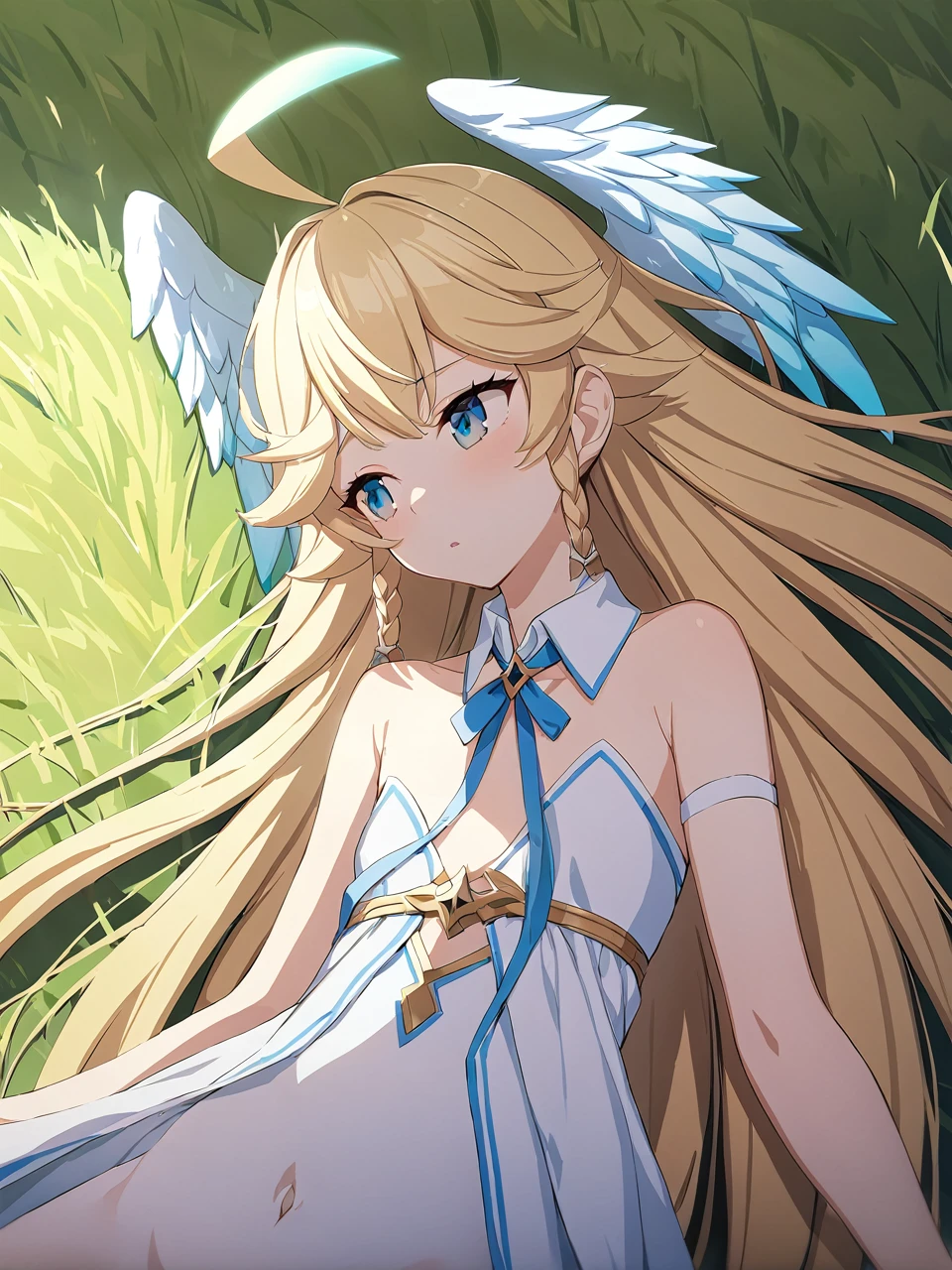 Zaora, blue eyes, (Variegated eyes:0.5), Blonde, Very long hair, Twin Blade, bangs, Ahoge, Hello, Angel, Flat Chest, White Dress, Belly button cutout, Detachable collar, Strapless, Neck ribbon, Bare shoulders, Angel wings, barefoot, One girl, Solo Break Space, grassland, Lying down, Upper Body, Depth of written boundary, Cinematic, masterpiece, Highest quality, Game CG