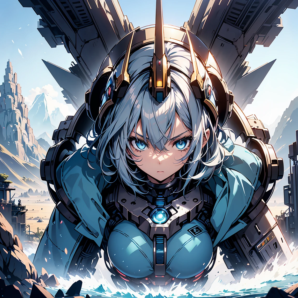 Anime, 2 characters, (1 teenage anime girl, silvery blue hair, bright blue star-shaped eyes); (1 Robot, Mech, Tall, Cape, Luminous Eyes, Rugged, Fantasy, Lights, outdated, old style, bronze silver), Nature, Biomes with mountains