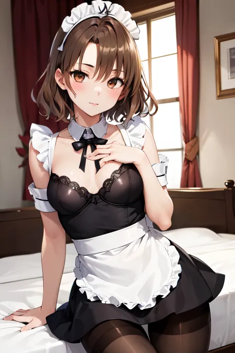 masterpiece, Highest quality, High resolution, One girl, alone, short hair, Brown Hair, Brown eyes, ((chest)), Bedroom、((Black u...