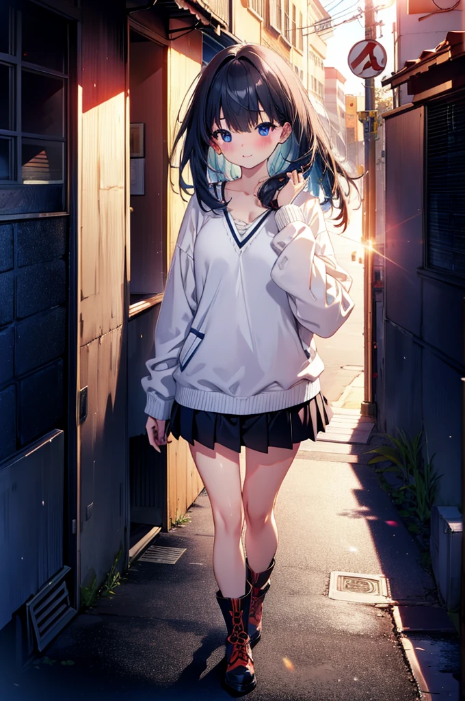 Rikka body, Affluent backstreets, Black Hair, blue eyes, Long Hair, rist scrunchie,happy smile, smile, Open your mouth,blush,Oversized red one-shoulder sweater,mini skirt,short boots,Walking,So that the whole body goes into the illustration,morning,morning陽,The sun is rising,
Destroy outdoors, Building district,
壊す looking at viewer, Systemic
break (masterpiece:1.2), Highest quality, High resolution, unity 8k wallpaper, (figure:0.8), (Beautiful attention to detail:1.6), Highly detailed face, Perfect lighting, Highly detailed CG, (Perfect hands, Perfect Anatomy),