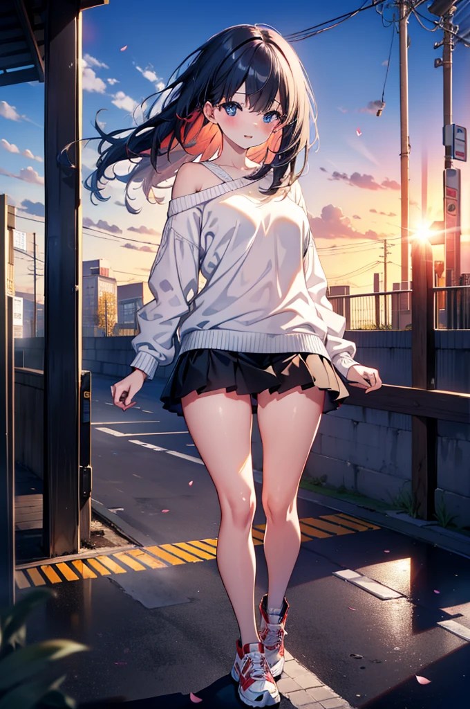 Rikka body, Affluent backstreets, Black Hair, blue eyes, Long Hair, rist scrunchie,happy smile, smile, Open your mouth,blush,Oversized red one-shoulder sweater,mini skirt,short boots,Walking,So that the whole body goes into the illustration,morning,morning陽,The sun is rising,
Destroy outdoors, Building district,
壊す looking at viewer, Systemic
break (masterpiece:1.2), Highest quality, High resolution, unity 8k wallpaper, (figure:0.8), (Beautiful attention to detail:1.6), Highly detailed face, Perfect lighting, Highly detailed CG, (Perfect hands, Perfect Anatomy),