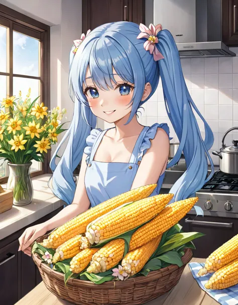 a kitchen decorated with lots of margaret flowers、corn is piled in a basket、light blue long hair、beautiful girl with twin tails、...