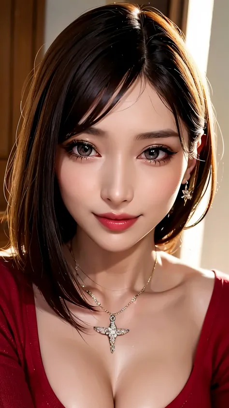 (highest quality、on the table、8K、best image quality、Award-winning work)、(young girl, 14 years old:1.3)、(Perfect V-neck long red ...