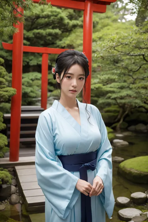 1 beautiful japanese shrine maiden in a japanese garden,extremely detailed face and eyes,extremely detailed skin,large breasts,l...