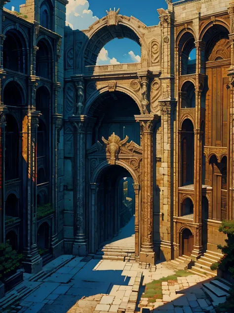 low fantasy style, background, a Roman triumphal arch that is a gate to hell, concept art,