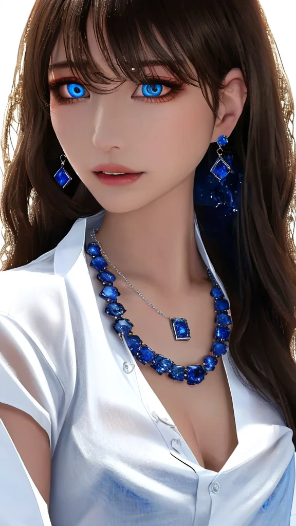 (masterpiece, masterpiece, Highest quality, Ultra-high resolution, 8K resolution, Realistic, Super detailed, Sharp focus, RAW Photos),
One girl,Good move,(Long Hair),(Wavy Hair),(Hair on one eye, necklace, Earrings, Sapphire Eyes, nearly torn white shirt:1.6),(Ahegao),(Glossy sheen々Lips:1.5, blush:0.5),