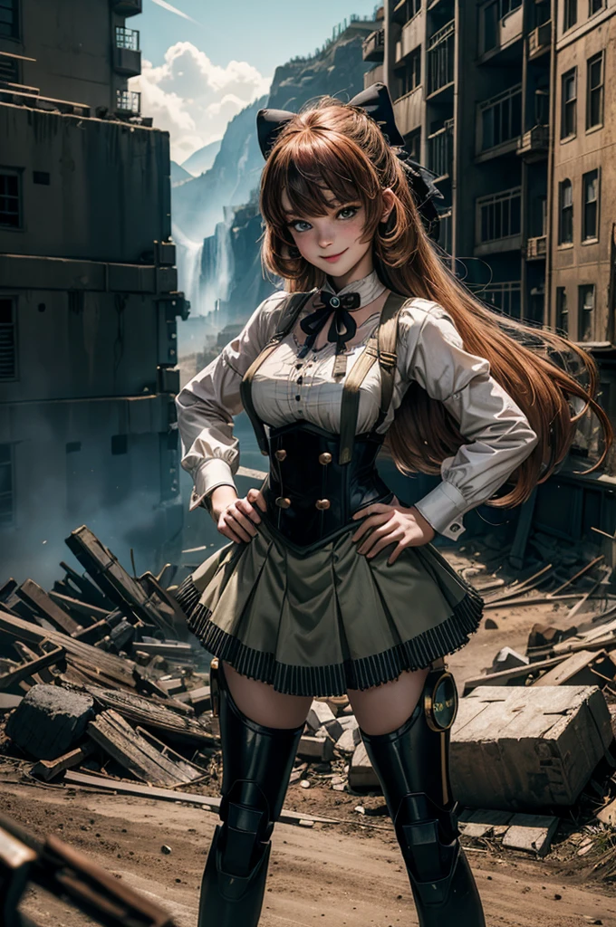 cowboy shot, dynamic pose, smile,  underbust, Penny Polendina, long hair, neck ribbon, suspender skirt, corset, black bow, white blouse, mechanical legs, neon trim, standing in city ruins on hill, in valley, hand on hip, BREAK mountains in background, waterfall, crowd, (crowd in military uniform), bonfires, post-apocalypse, dystopian future, (volumetric lighting), intricate details, tonemapping, sharp focus, hyper detailed, 

