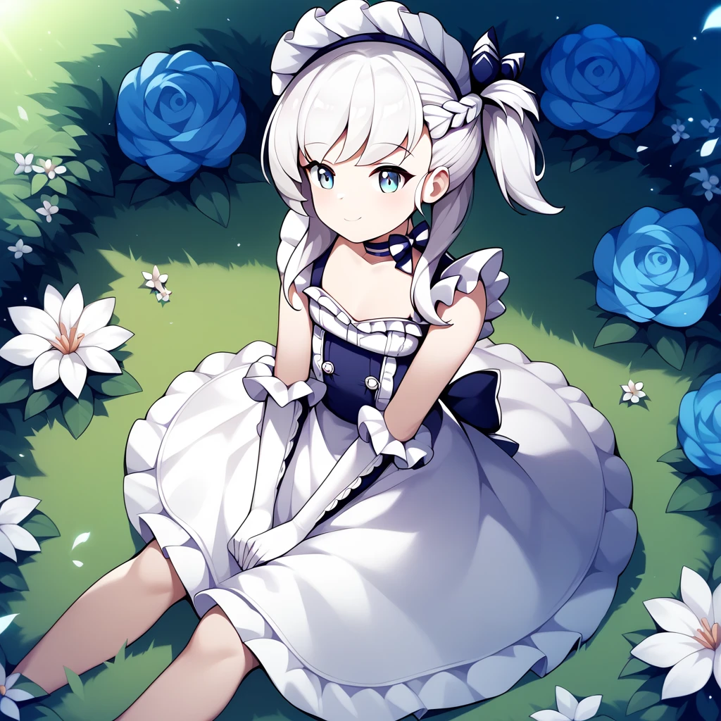 score_9, score_8_up, score_7_up, score_6_up, score_5_up, score_4_up, source_anime, bbbelfast, one side up, aged down, maid headdress, blue choker, frills, maid, sleeveless, elbow gloves, white gloves, waist apron, white apron, :o, sitting, on floor, grass, field, flower