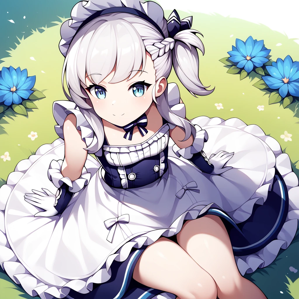 score_9, score_8_up, score_7_up, score_6_up, score_5_up, score_4_up, source_anime, bbbelfast, one side up, aged down, maid headdress, blue choker, frills, maid, sleeveless, elbow gloves, white gloves, waist apron, white apron, :o, sitting, on floor, grass, field, flower