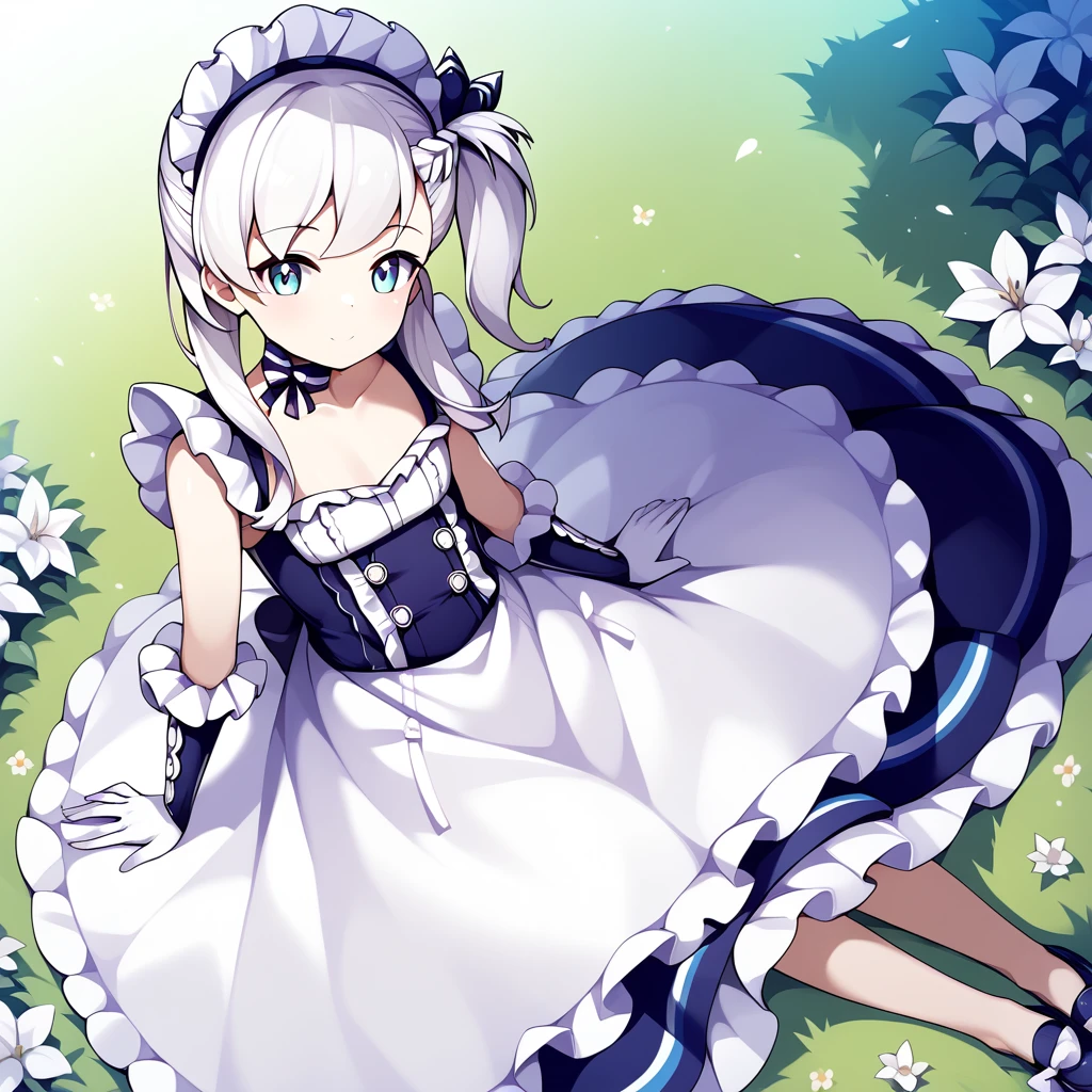 score_9, score_8_up, score_7_up, score_6_up, score_5_up, score_4_up, source_anime, bbbelfast, one side up, aged down, maid headdress, blue choker, frills, maid, sleeveless, elbow gloves, white gloves, waist apron, white apron, :o, sitting, on floor, grass, field, flower