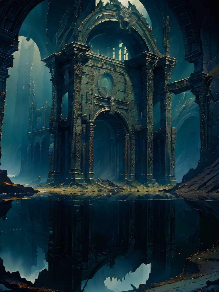 (masterpiece:1.5), best quality, extremly detailed, dark fantasy Roman triumphal arch, made of cooper, hell gate, centered focus, apocalypse, landscape, dark atmosphere, dark fantasy style, epic emotions, hellsih landscape, apocaliptic ladscape,  dark picture, (epic), no_humans, cinematic, epic atmosphere, foggy ground, apocaliptic scenery