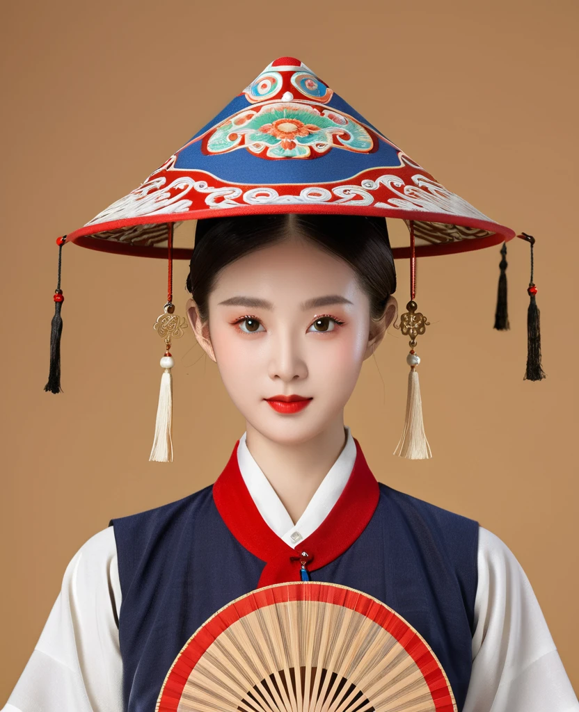 Chinese classical girl portrait，symmetry，Round Face，Bright Eyes，Smooth skin，Chinese Song Dynasty official uniform,egotistical,Official hat，Holding a Chinese fan，Clean background