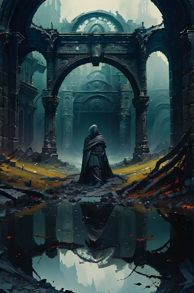 (masterpiece:1.5), best quality, extremly detailed, dark fantasy Roman triumphal arch, made of cooper, hell gate, centered focus, apocalypse, landscape, dark atmosphere, dark fantasy style, epic emotions, hellsih landscape, apocaliptic ladscape, dark picture, (epic), no_humans, cinematic, epic atmosphere, foggy ground, apocaliptic scenery