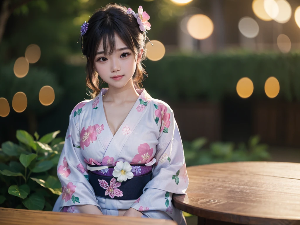 (Tabletop, Highest quality:1.4), ,The most beautiful in the world, 8K, 85mm, Absurd, (Floral Yukata:1.4), Upper body, Exposing the breasts、 Violet, Gardenias, Delicate girl, alone, night, View your viewers, Upper Body, Film Grain, chromatic aberration, Sharp focus, Face Light, Professional Lighting, Sophisticated, (smile:0.4), Cleavage, (Simple Background, Bokeh Background:1.2),