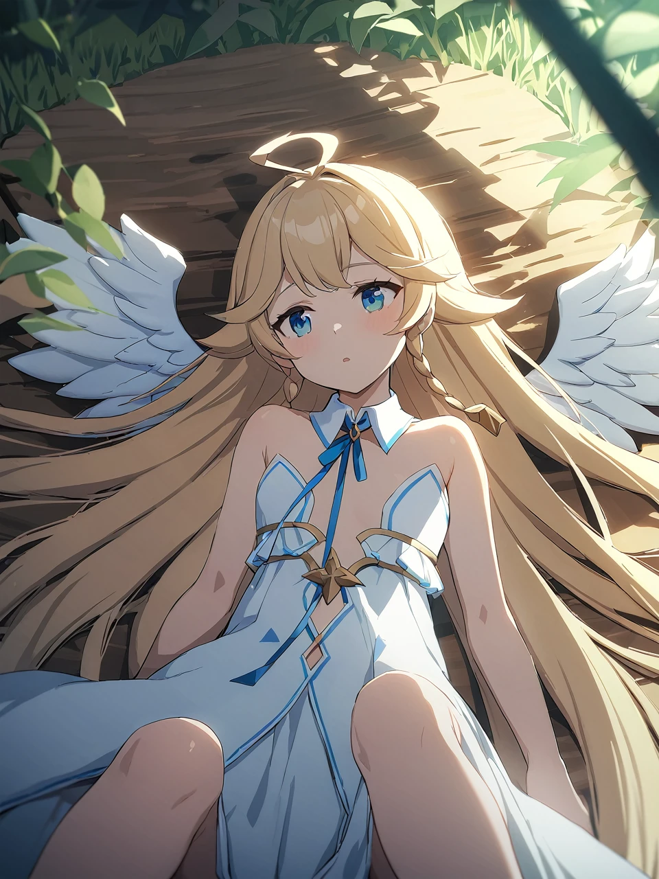 Zaora, blue eyes, (Variegated eyes:0.5), Blonde, Very long hair, Twin Blade, bangs, Ahoge, Hello, Angel, Flat Chest, White Dress, Belly button cutout, Detachable collar, Strapless, Neck ribbon, Bare shoulders, Angel wings, barefoot, One girl, Solo Break Space, grassland, Lying down, Upper Body, Depth of written boundary, Cinematic, masterpiece, Highest quality, Game CG