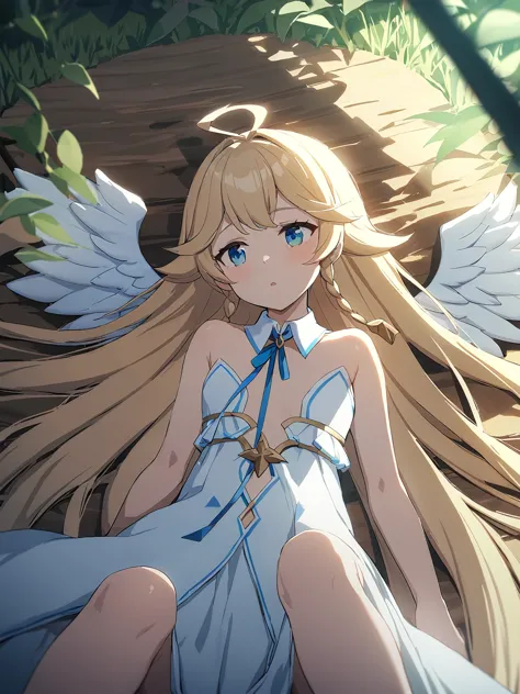 zaora, blue eyes, (variegated eyes:0.5), blonde, very long hair, twin blade, bangs, ahoge, hello, angel, flat chest, white dress...