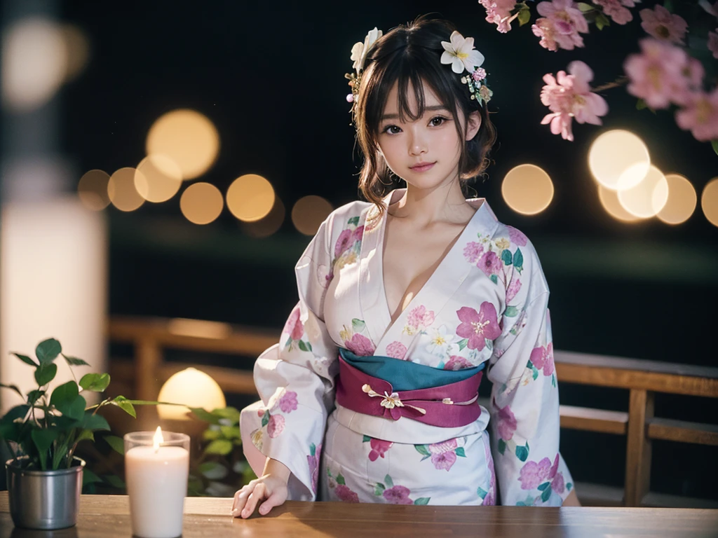 (Tabletop, Highest quality:1.4), ,The most beautiful in the world, 8K, 85mm, Absurd, (Floral Yukata:1.4), Upper body, Exposing the breasts、 Violet, Gardenias, Delicate girl, alone, night, View your viewers, Upper Body, Film Grain, chromatic aberration, Sharp focus, Face Light, Professional Lighting, Sophisticated, (smile:0.4), Cleavage, (Simple Background, Bokeh Background:1.2),