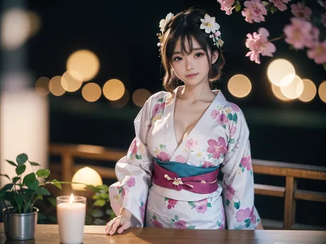(Tabletop, Highest quality:1.4), ,The most beautiful in the world, 8K, 85mm, Absurd, (Floral Yukata:1.4), Upper body, Exposing t...