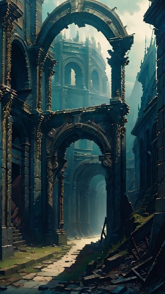 (masterpiece:1.5), best quality, extremly detailed, dark fantasy ((Roman)) triumphal arch, made of cooper, (roman) hell gate, centered focus, apocalypse, landscape, dark atmosphere, dark fantasy style, epic emotions, hellsih landscape, apocaliptic ladscape, dark picture, (epic), no_humans, cinematic, epic atmosphere, foggy ground, apocaliptic scenery ((ROMAN))