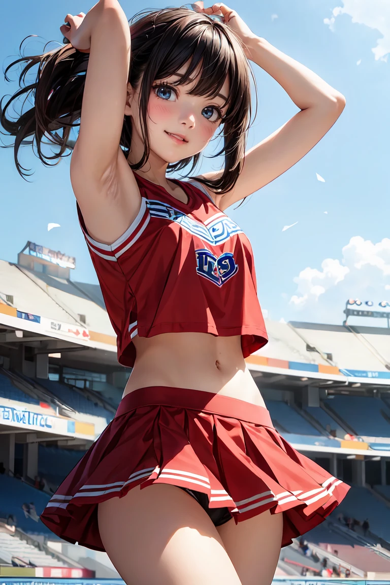 (ultra detailed eyes), (ultra detailed face),high quality, best image quality, masterpiece, teenage girl, 18 years old, very cute and beautiful cheerleader girl is dancing, dynamic pose, soft wavy hair, black hair, (smile:1.2), medium breast, (red tops with logo:1.3), (miniskirt:1.3), (panties), Armpits, Navel, thighs, Bare shoulders, Bare arms, Natural lighting, Hair fluttering in the wind, Beautiful detailed sky, stadium, ((Finest quality)), ultra high resolution, ultra-detailliert, Meticulous portrayal, ((Best Anime)),