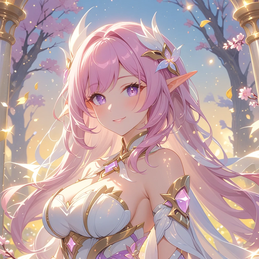 ai-generated,very aesthetic,1girl,elysia_/(herrscher_of_human:ego/)_/(honkai_impact/),pointed_ears,pink_hair,dreamy anime fantasy background,raytracing,light purple eyes,floating,light particles,dsmile,intricate,large breasts,long eyelashes,goddess,(best quality,4k,8k,highres,masterpiece:1.2),night、High quality、Beautiful art、background cherry blossoms舞い散る,Visual art、Depth of the bounds written、、elf ears、The magic of light、universe、A happy smile、gentle light、lanthanum、get lost、、Ticker beautiful decoration、elegant、mystical　Pink、　heaven、beautiful dressy、beautiful dress、、giant galaxy、morning、myth、ART、cherry blossoms、spring、flower petals、Cherry blossoms fluttering down、Fantastic、Mystery Forest、in the forest、The light of magic、Nature、Magnificent flower fields、World of Angels、fantasy、hourglass、decoration、marble columns、gold foil、Mystery of Light、art nouveau、alphonse　mucha、Greece、rome、Byzantine、art、art,mystery,uhd,magicalgentle light,