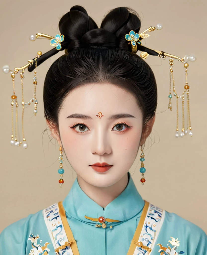 Chinese classical girl portrait，symmetry，Round Face，Bright Eyes，Smooth skin，Chinese Song Dynasty official uniform,egotistical,High bun，Clean background