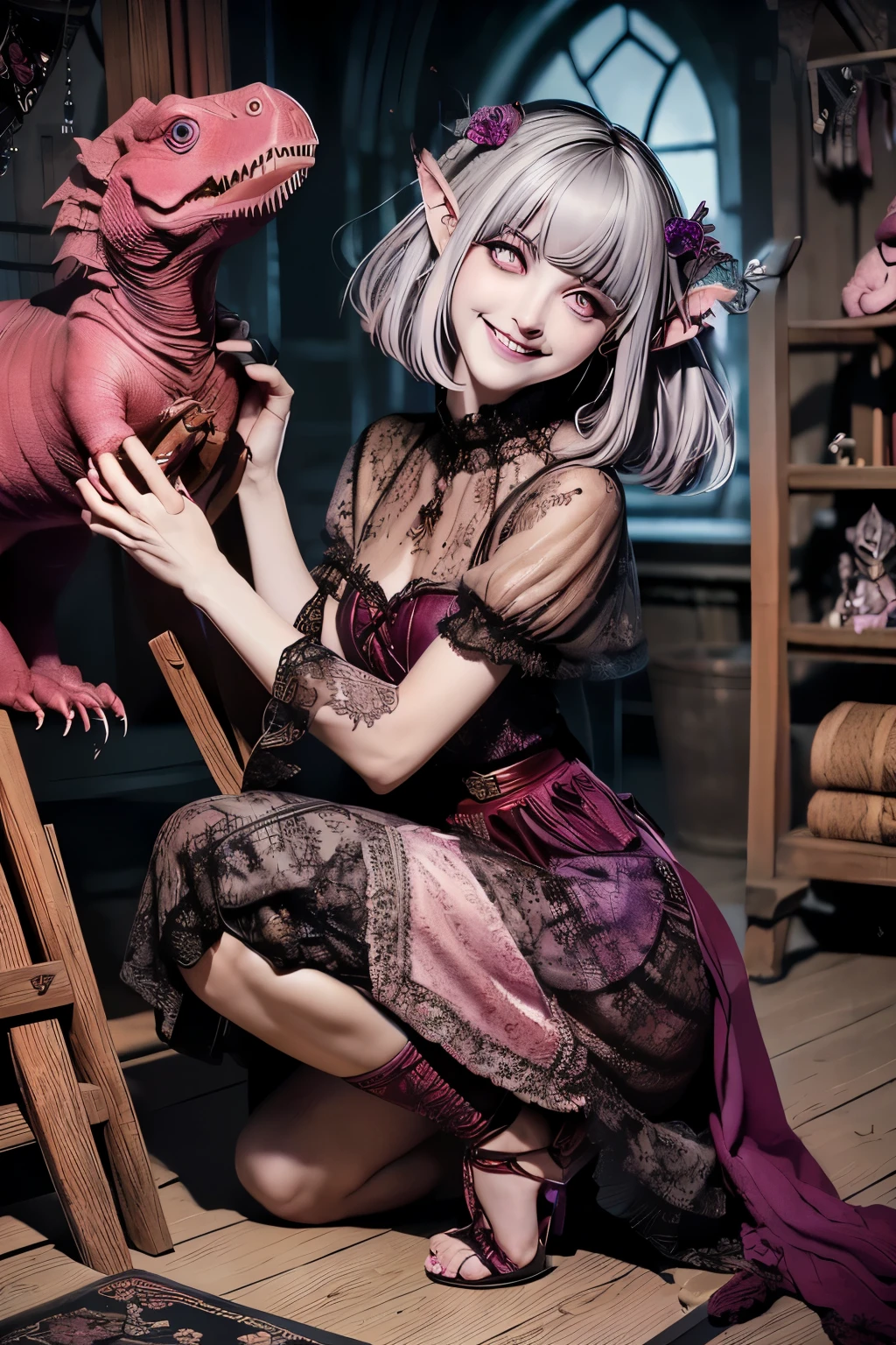 (Ultra-detailed face, sleepy eyes), (Fantasy Illustration with Gothic & Ukiyo-e & Comic Art), (Full body, A middle-aged dark elf woman with silver hair, blunt bangs, very long disheveled hair, and dark purple skin, lavender eyes), (She wears a floral hair ornament, a red cotton smock dress with a lacy geometric pattern, and red laced sandals), (Smiling, she holds a pink tyrannosaurus in a daring pose and pats its head)